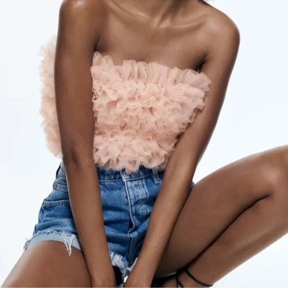 ZARA Pink Tulle Ruffle Strapless Crop Tube Top NWT - Picture 1 of 14